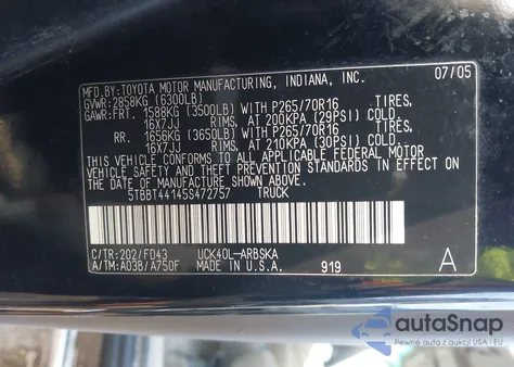 2005 Toyota Tundra Sr5 V8 z USA, uszkodzony, nr VIN 5TBBT44145S472757